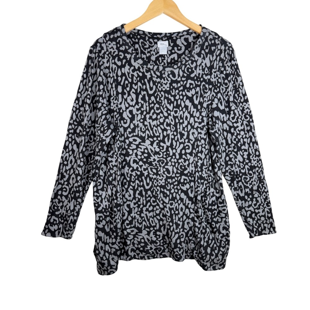Chico's Animal/Leopard Print Pima Cotton Long Sleeve Top size 3 (US XL) Black/Gr